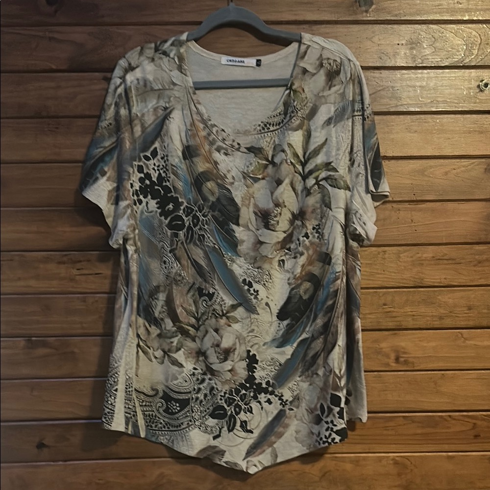 Origami Owl - Tan and Blue Graphic Short Sleeve Blouse - XL
